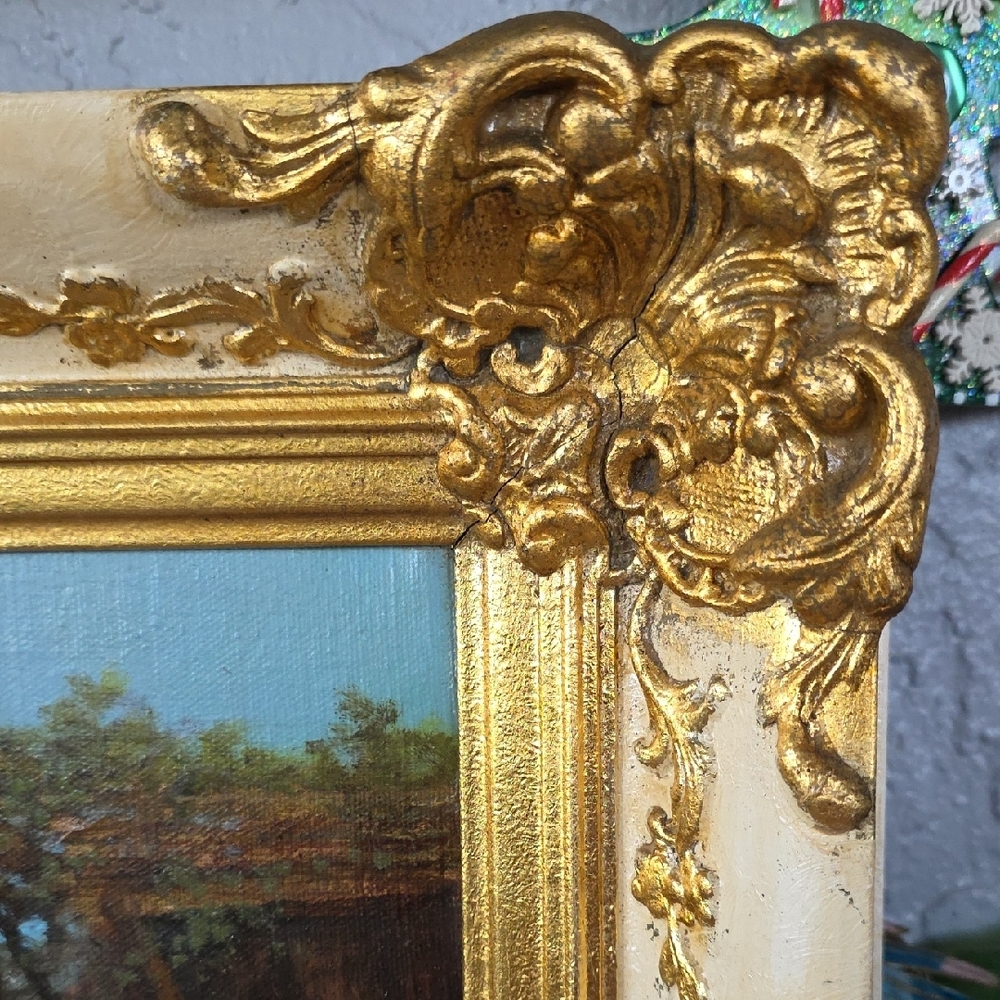 21" 19th c Authentic Romantic Oil On Canvas Signed Painting Stunning Gold Frame